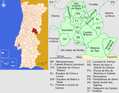 Concelhos Limítrofes do Concelho de Castelo Branco Mapa da localização e freguesias do Concelho de Castelo Branco
